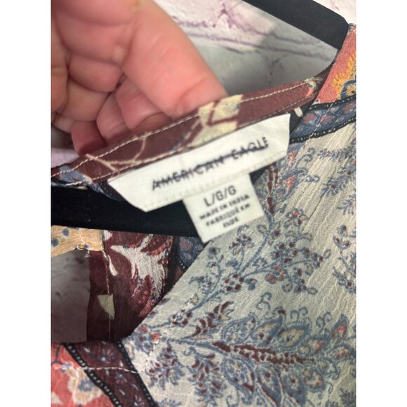 American Eagle Womens Patchwork Floral Long Sleeve Boho Top L Polyester - Picture 4 of 9